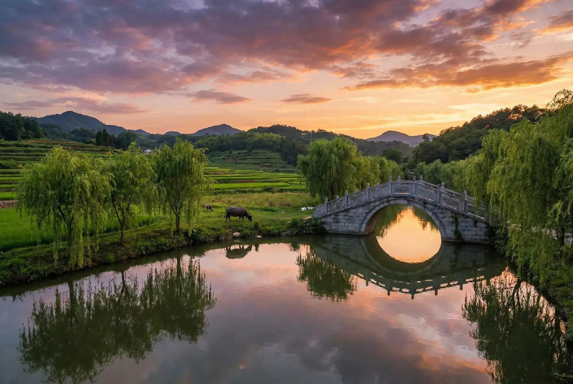 夕阳下的石拱桥与垂柳，水牛在河边吃草 - 《下厨房》 金银花露海棠 乡村美景